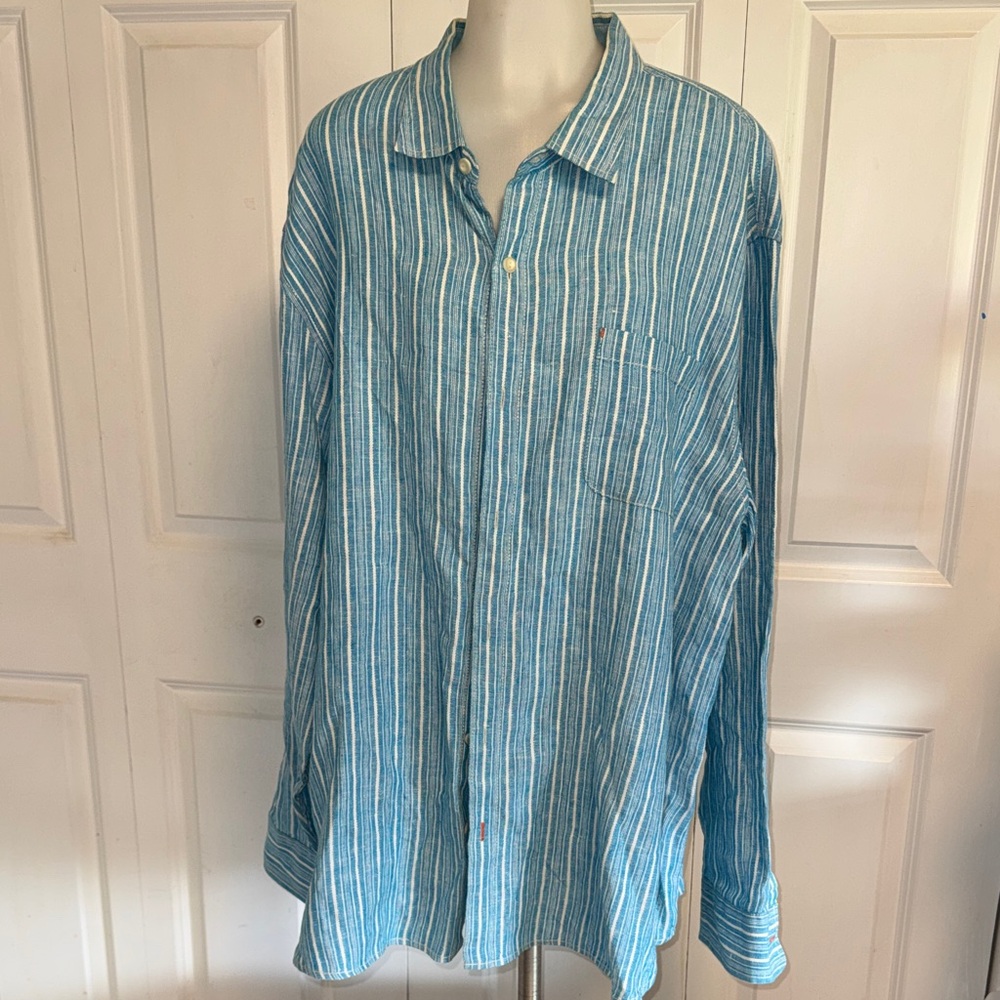 Tommy Bahama Teal and White Striped Button-Down Shirt
